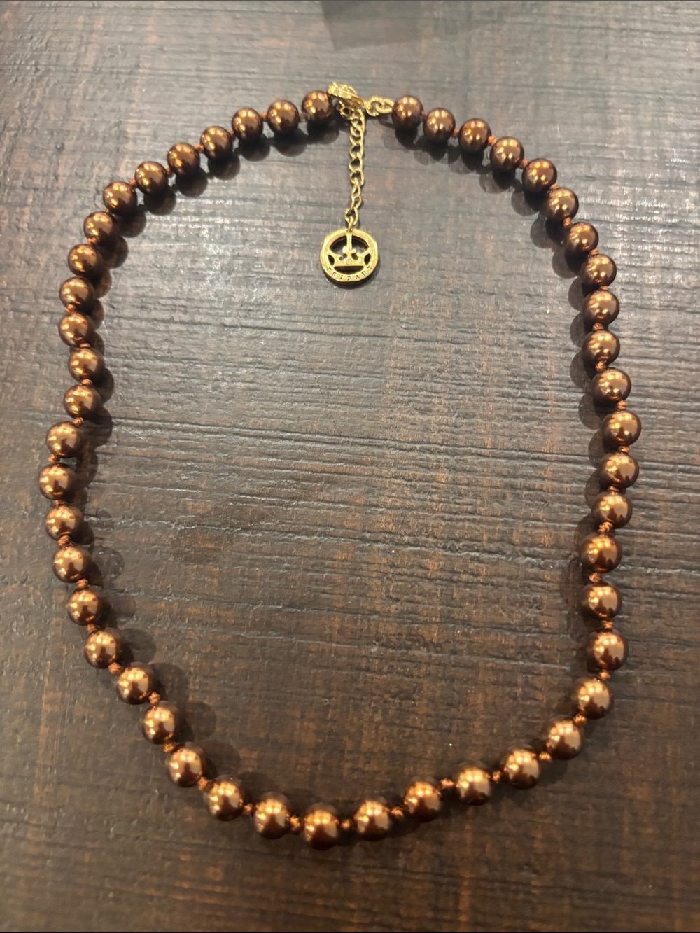 VTG Crown Trifari Chocolate Pearl Necklace Bronze Faux Pearl Choker